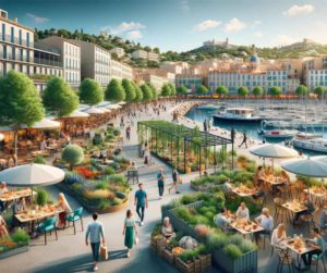 Une illustration qui montre la scène gastronomique variée de Marseille et ses espaces verts, soulignant l'importance de l'équilibre travail-vie personnelle qui montre l'intérêt de louer un local professionnel à Marseille. 
