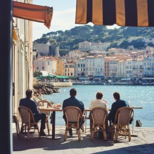 Un groupe de personnes assises en terrasse, face au port de Marseille, profitant d'une vue pittoresque sur les maisons colorées et les collines environnantes, évoquant la convivialité et la douceur de vivre méditerranéenne.