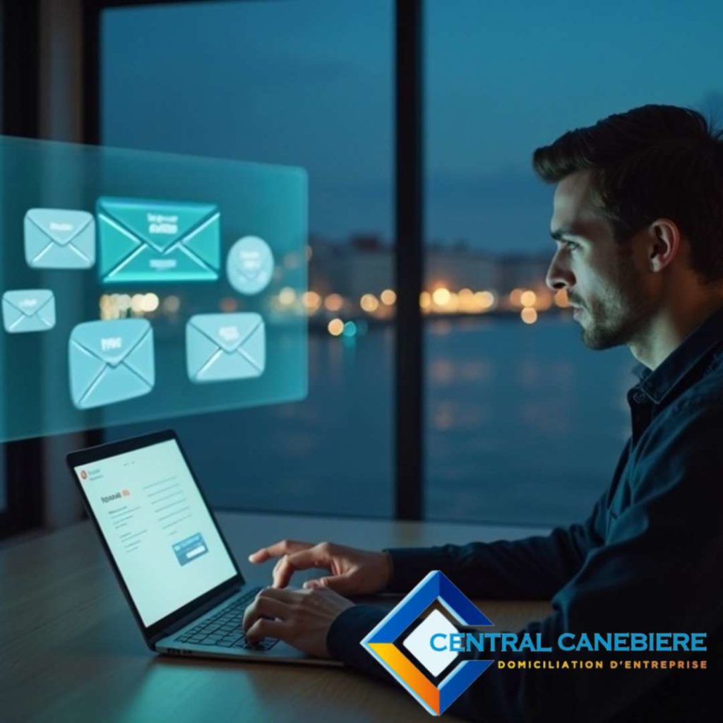 Scène d'un professionnel consultant des e-mails et des documents virtuels, mettant en avant l'importance des services numériques pour améliorer l'image de votre entreprise sur Marseille grâce à une gestion efficace.
