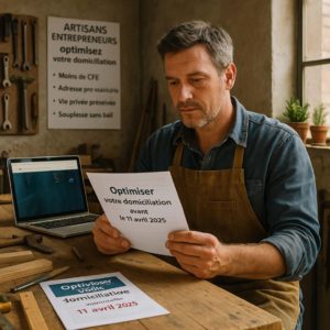 Artisan entrepreneur dans son atelier, concentré sur un document expliquant les bénéfices d’une domiciliation optimisée. Affiche en fond détaillant les avantages : moins de CFE, souplesse sans bail, confidentialité, à mettre en place avant le 11 avril 2025.