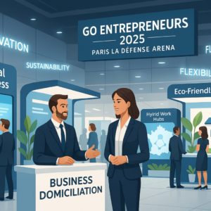 Rencontre professionnelle au salon Go Entrepreneurs 2025 autour des nouvelles offres de domiciliation d'entreprise. Focus sur la durabilité, l'innovation et la flexibilité des services proposés, dans une ambiance réseau dynamique.