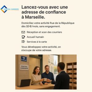 Deux collaborateurs de Central Canebière accueillent un client avec un café dans un bureau Rue de la République à Marseille. Panneaux "Rue de la République" et "Central Canebière" visibles en fond.