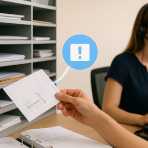 Main tenant une enveloppe devant une étagère de tri postal, avec une icône signalant un courrier important, en arrière-plan une opératrice de domiciliation.