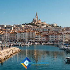 Vue panoramique du Vieux-Port de Marseille avec la basilique Notre-Dame-de-la-Garde en arrière-plan, logo Central Canebière en bas de l’image. 