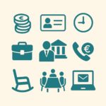 Icônes stylisées représentant des services professionnels (finance, bureau, téléphonie, réunion, mail).