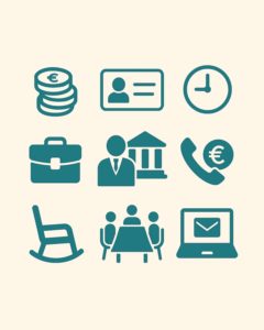 Icônes stylisées représentant des services professionnels (finance, bureau, téléphonie, réunion, mail).