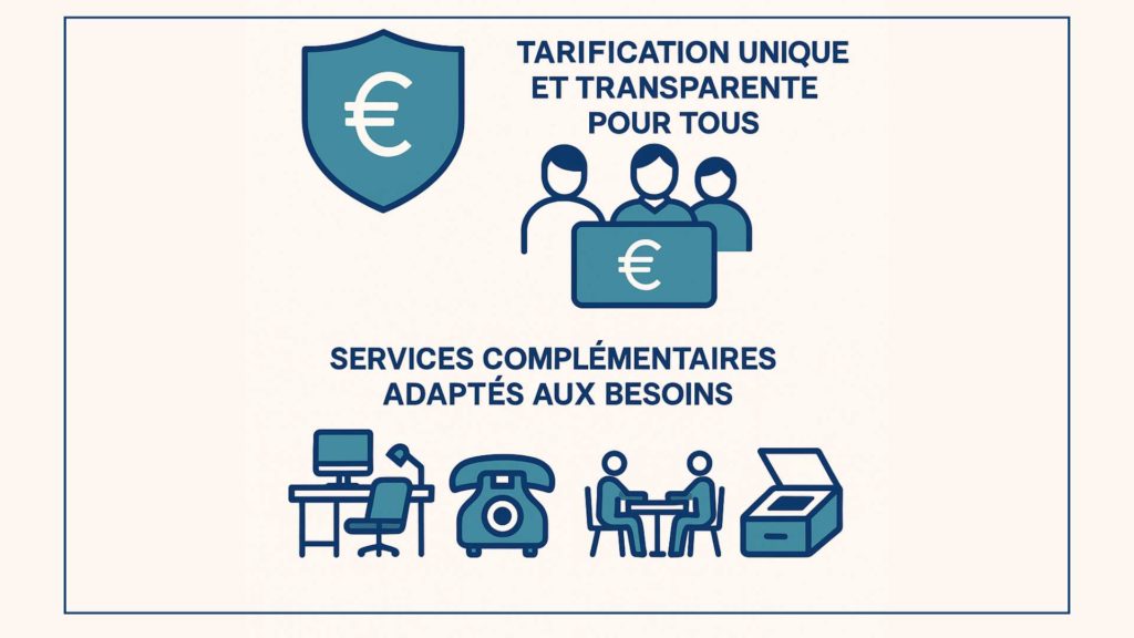 Infographie avec pictos : tarification transparente, services complémentaires comme bureau, téléphone, coworking et scan.