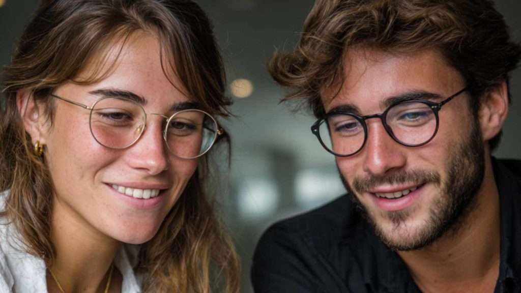 Jeune femme et jeune homme souriants, réunis pour gérer un changement d’adresse.