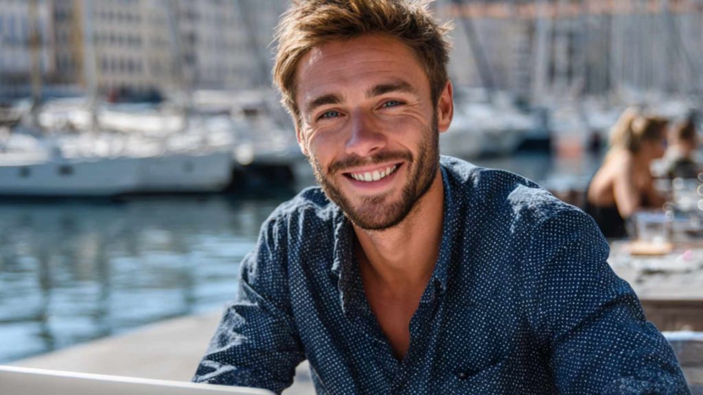 Jeune homme souriant devant un port, symbolisant un nouveau départ.