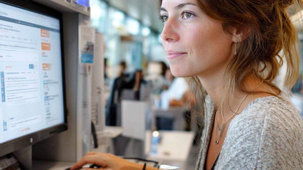 Jeune femme concentrée devant un ordinateur, effectuant une démarche administrative.