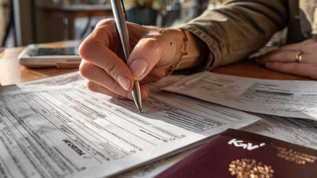 Main d’une personne remplissant un formulaire administratif, documents et passeport sur la table.