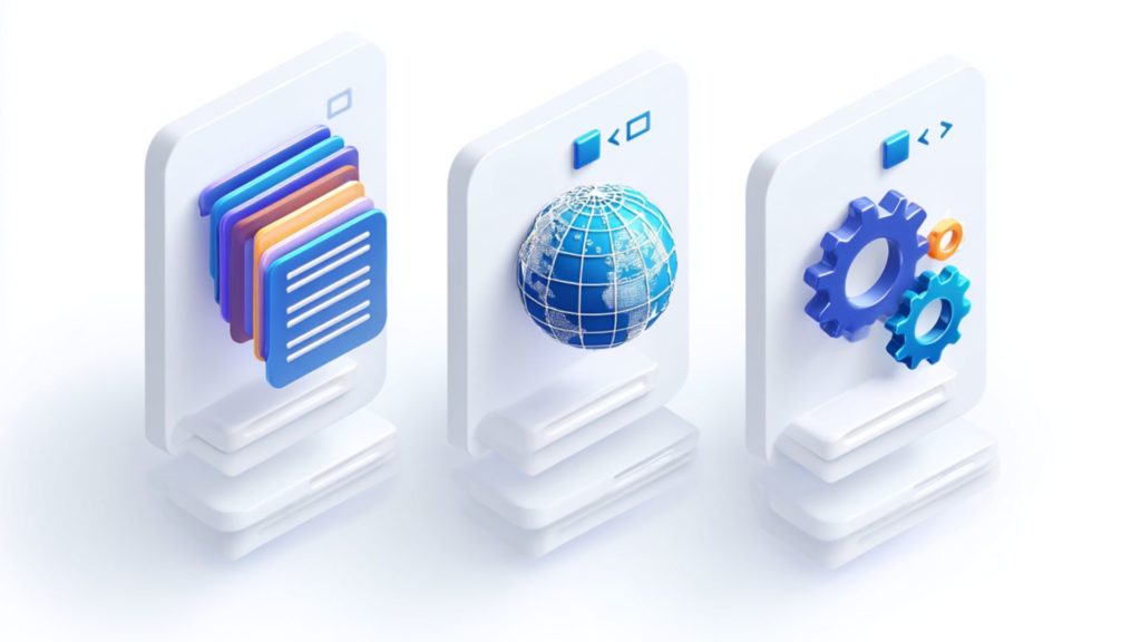 Trois interfaces verticales représentant la digitalisation mondiale, les documents en ligne et les rouages de l’automatisation dans l’écosystème du paiement électronique.