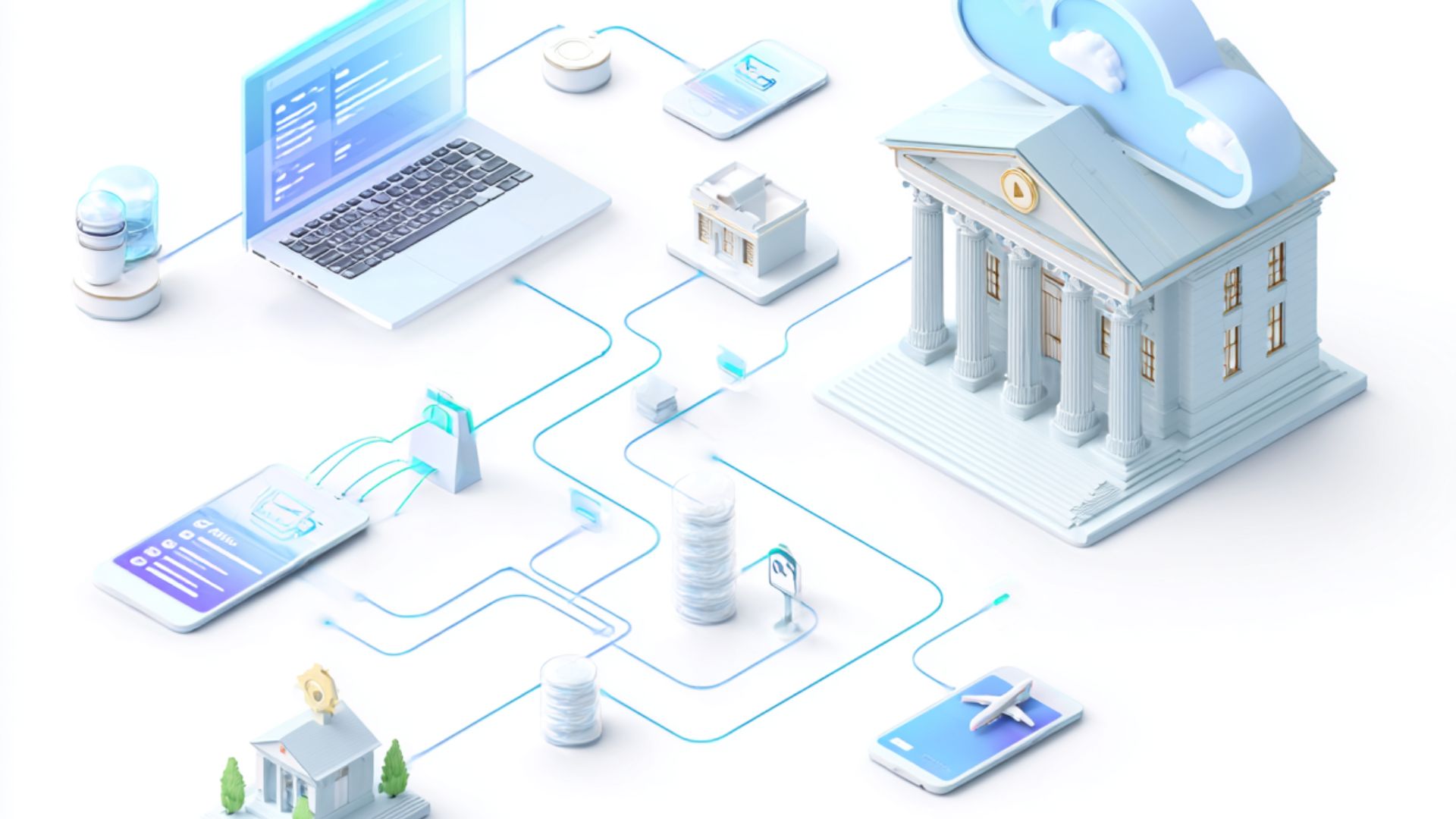 Illustration d’un système connecté reliant ordinateurs, smartphones et institutions bancaires via le cloud, représentant l’infrastructure du paiement électronique en 2026.