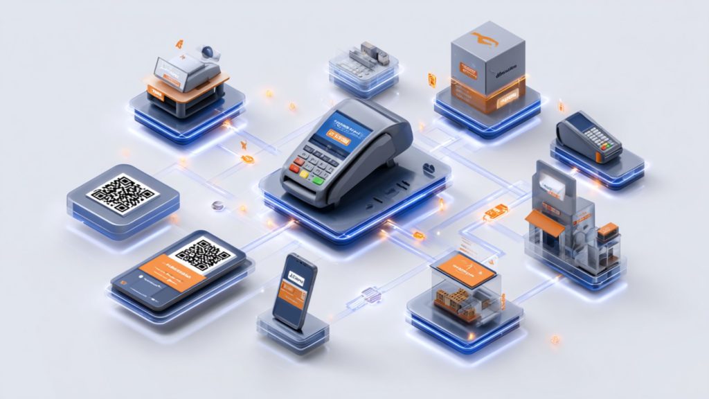 Représentation 3D d’un réseau de terminaux de paiement reliés à des smartphones et plateformes e-commerce, illustrant l’intégration fluide du paiement électronique entre entreprises et particuliers