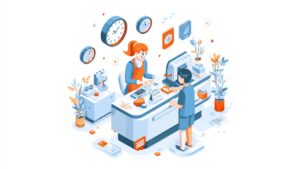 Illustration stylisée d’une caissière et d’un client effectuant un paiement sans contact, symbolisant la simplicité et la rapidité des paiements électroniques pour les commerces physiques.