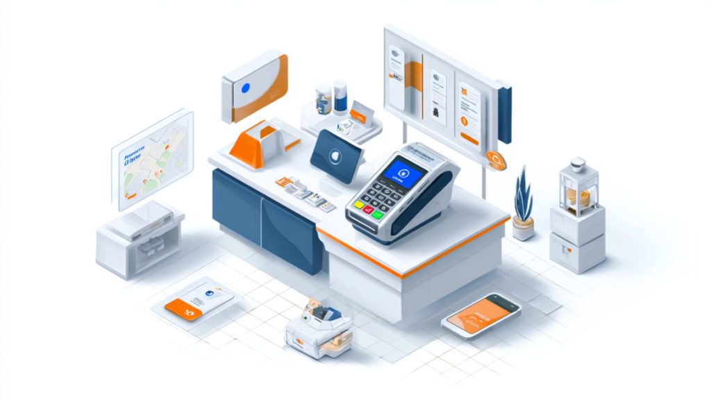 Illustration isométrique d’un comptoir moderne équipé de terminaux de paiement connectés, illustrant la digitalisation des points de vente et l’automatisation des transactions électroniques en 2026.