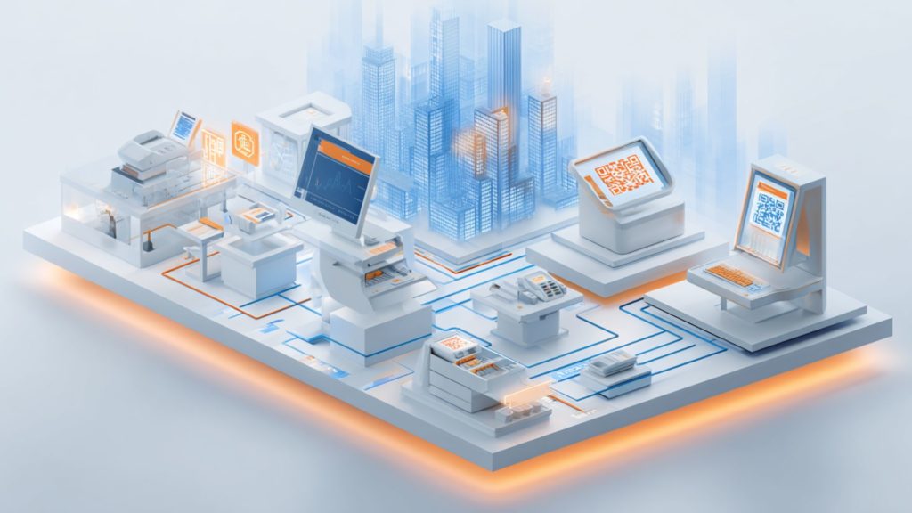 Illustration isométrique d’un écosystème urbain digital, reliant caisses, QR codes et systèmes informatiques pour représenter l’interconnexion des paiements électroniques dans la ville de Marseille.