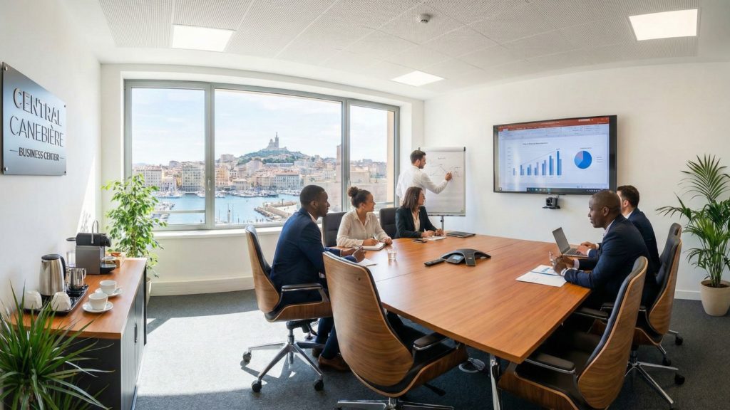 Réunion d'équipe dans une salle moderne et lumineuse du centre d'affaires Central Canebière, offrant une vue panoramique sur le Vieux-Port et Notre-Dame de la Garde.