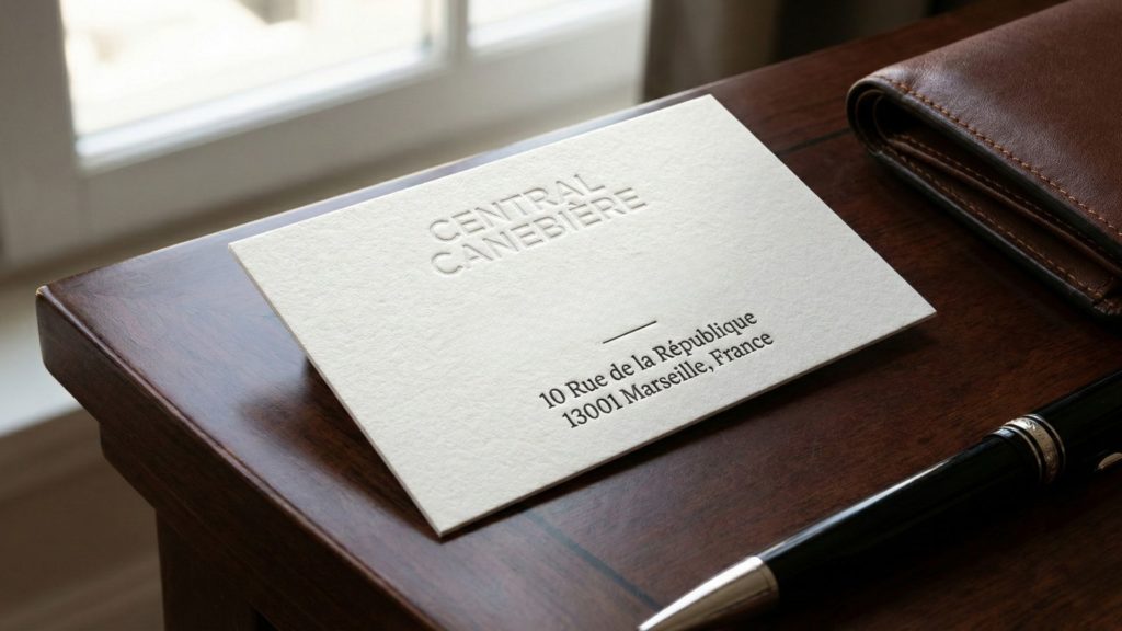 Gros plan sur une carte de visite haut de gamme posée sur un bureau, affichant l'adresse "10 Rue de la République, Marseille", illustrant l'impact professionnel d'un siège social bien situé.