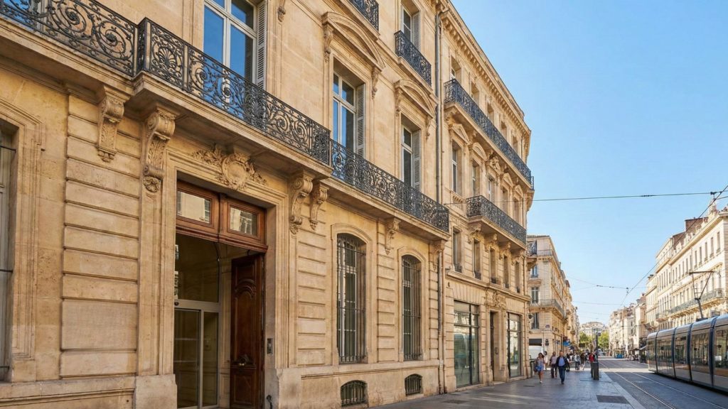 Façade d'un immeuble haussmannien de standing situé Rue de la République à Marseille, desservi par le tramway, représentant le prestige d'une adresse de domiciliation physique.