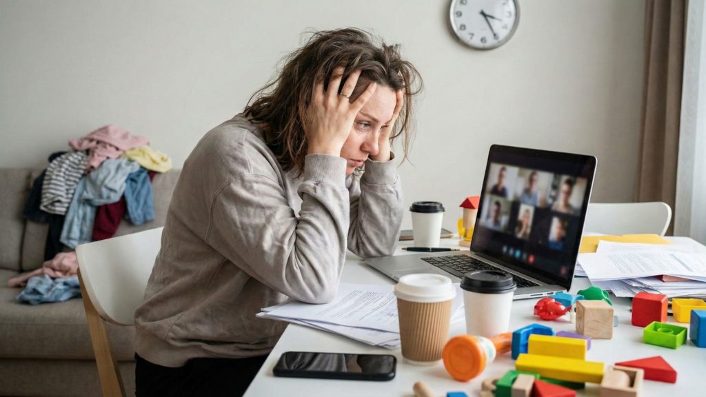 Une femme télétravaillant sur son ordinateur portable dans un salon en désordre avec des jouets d'enfants, soulignant le manque de professionnalisme et l'exposition de la vie privée lors d'une domiciliation à domicile.