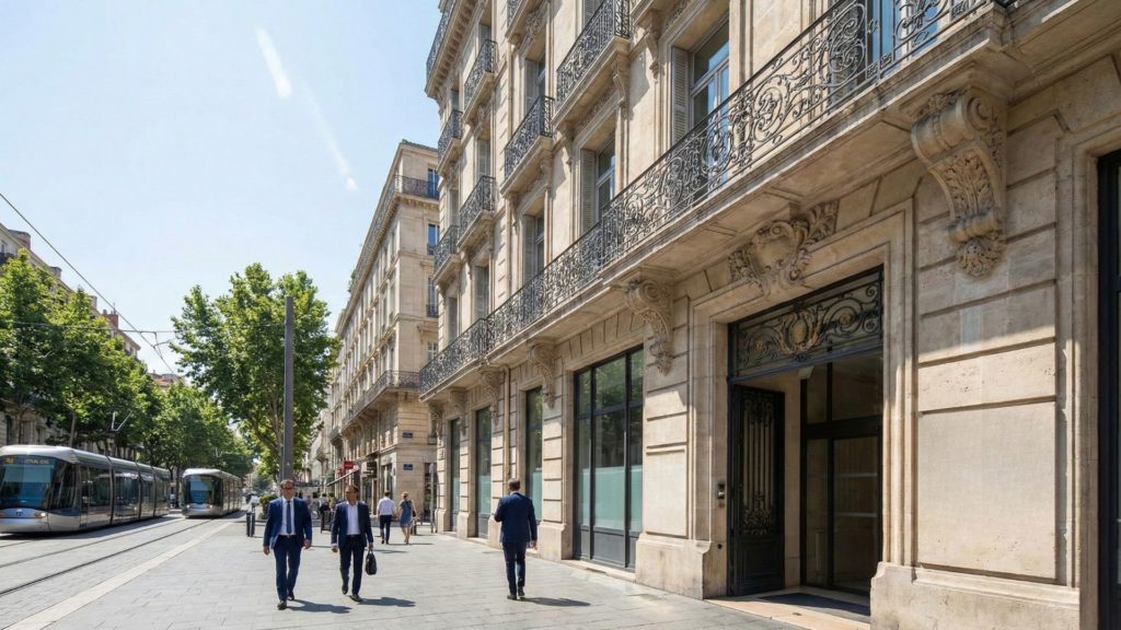 Façade d'un immeuble de bureaux haussmannien rue de la République à Marseille, représentant une solution de domiciliation commerciale prestigieuse et stable pour les auto-entrepreneurs.