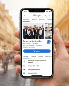 Affichage mobile d'une fiche Google Business Profile optimisée.