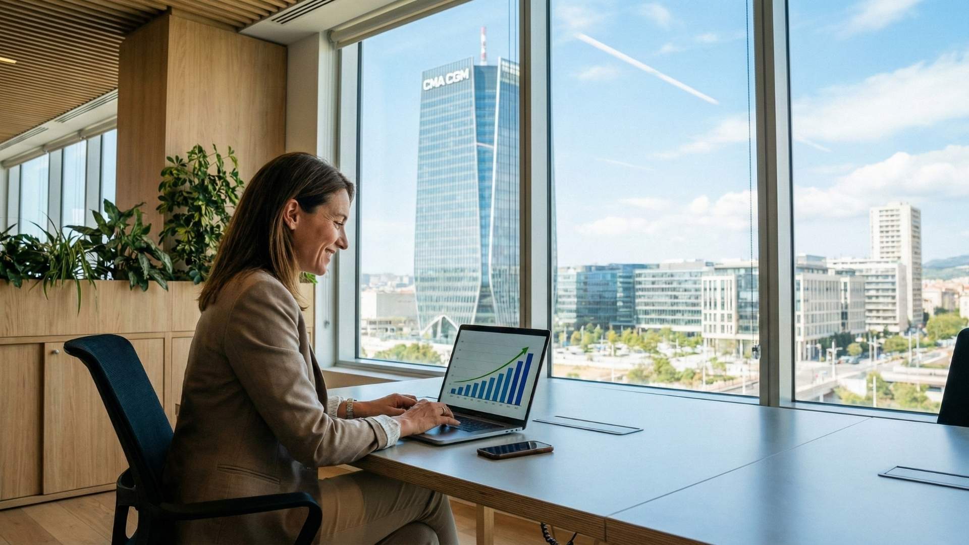 Femme d'affaires au bureau, vue tour CMA CGM Marseille.