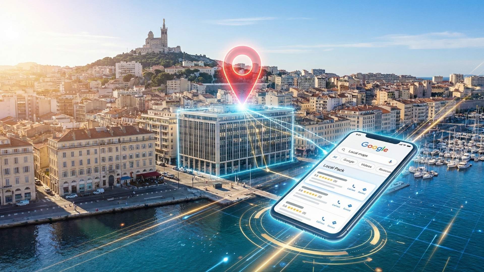Smartphone affichant le référencement local Google à Marseille.