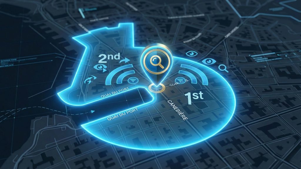 Une carte technologique bleue soulignant des zones d'influence urbaine stratégiques pour 2026 sur Marseille.