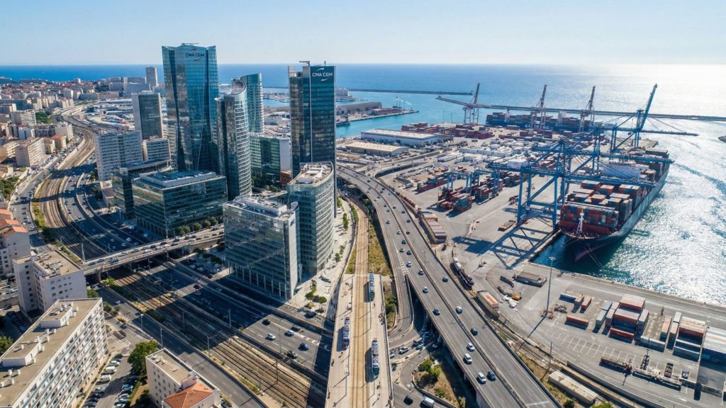 Vue panoramique d'une ville portuaire florissante avec gratte-ciels, symbole de la stabilité de 2026.