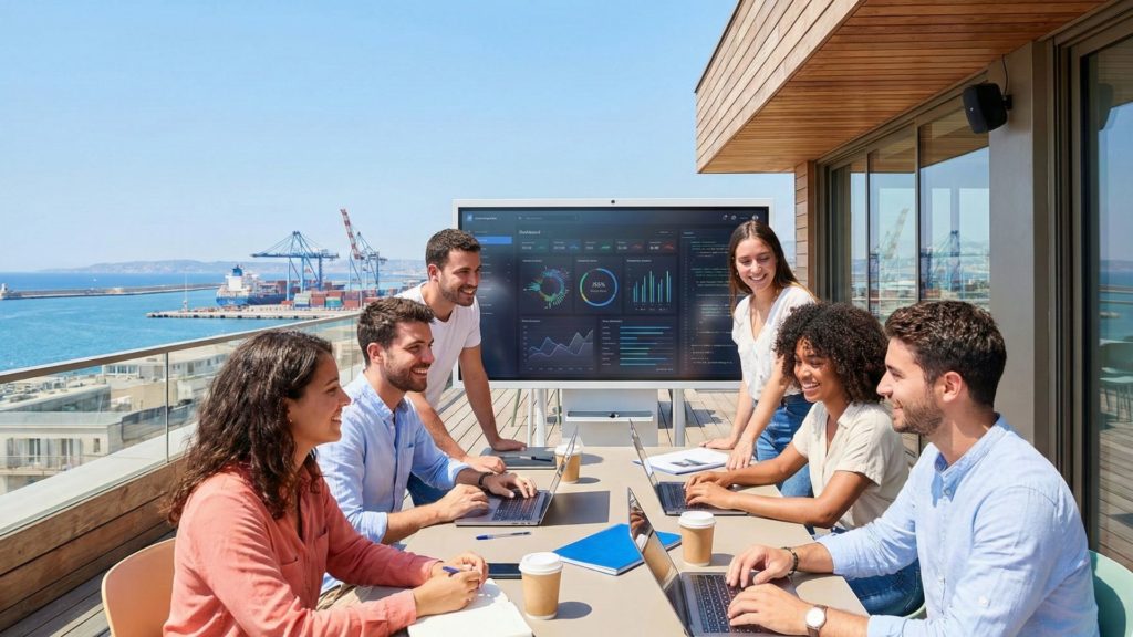 Une équipe de jeunes actifs surveillant des indicateurs mondiaux sur écran géant depuis une terrasse.