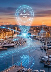 Une balise numérique holographique marquant "Marseille 2026" survolant le Vieux-Port au crépuscule.