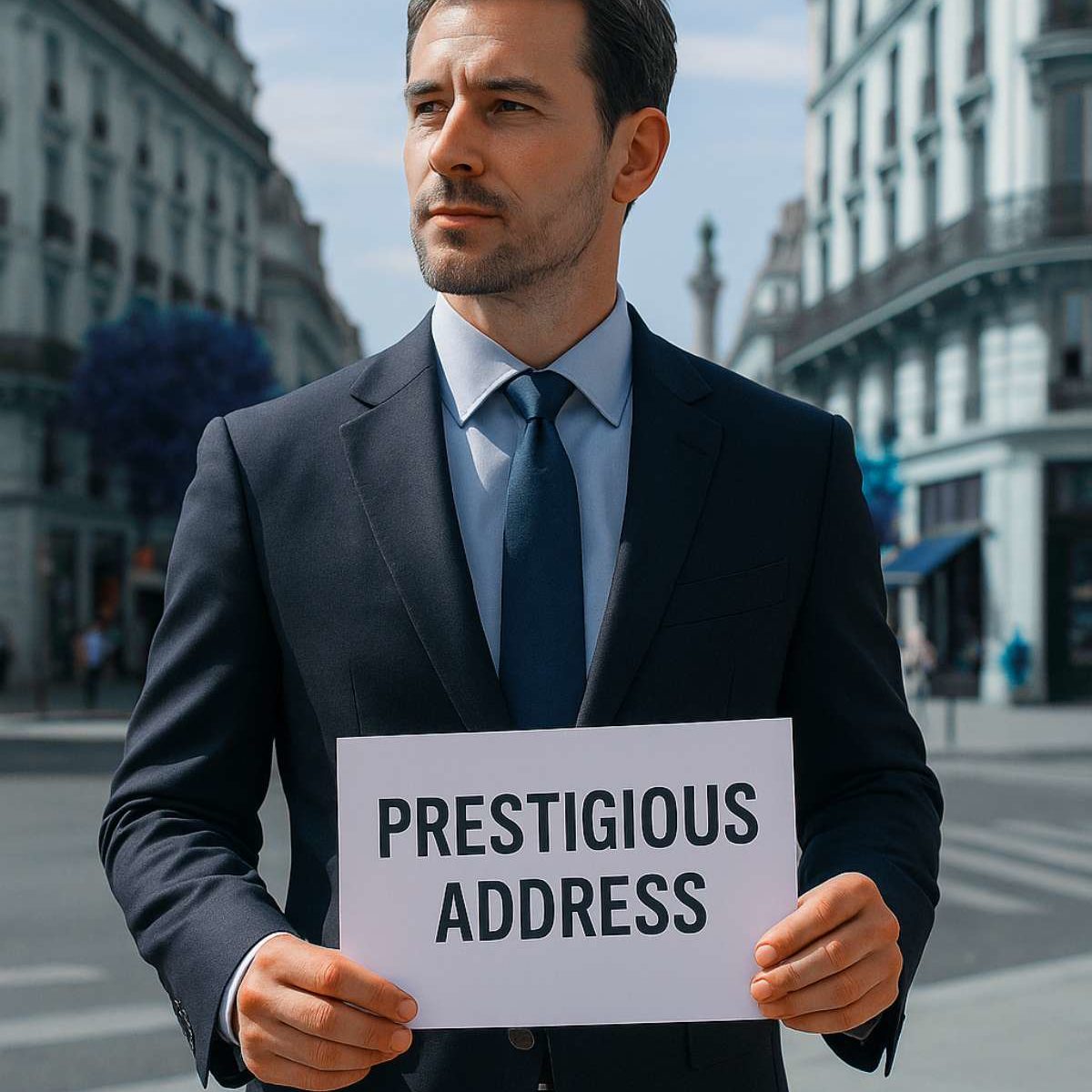 Adresse de prestige Homme en costume avec une pancarte où il y a marqué adresse prestigieuse.