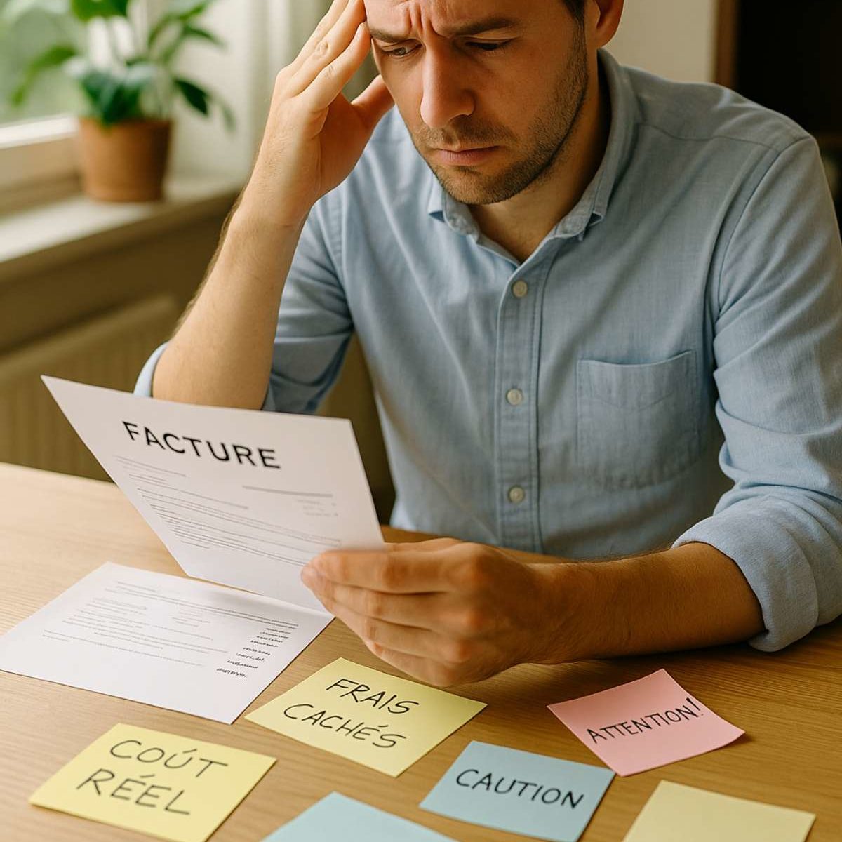 Frais cachés entrepreneur Homme inquiet devant une facture et des frais cachés
